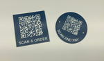 Engraved QR TABLE DISCS, BLUE with WHITE TEXT, Multiple Sizes and Options