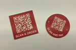 Engraved QR TABLE DISCS, RED with WHITE TEXT, Multiple Sizes and Options