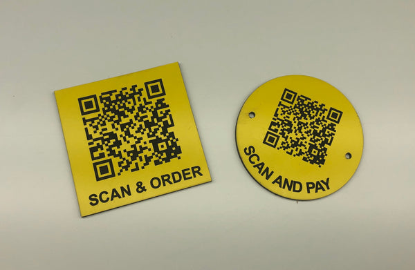 Engraved QR TABLE DISCS, YELLOW with BLACK TEXT, Multiple Sizes and Options