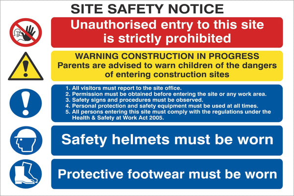 Site Safety Notice - Unauthorised Entry is Prohibited Sign (Irish), Self Adhesive Vinyl, 1mm PVC, 5mm Correx Board