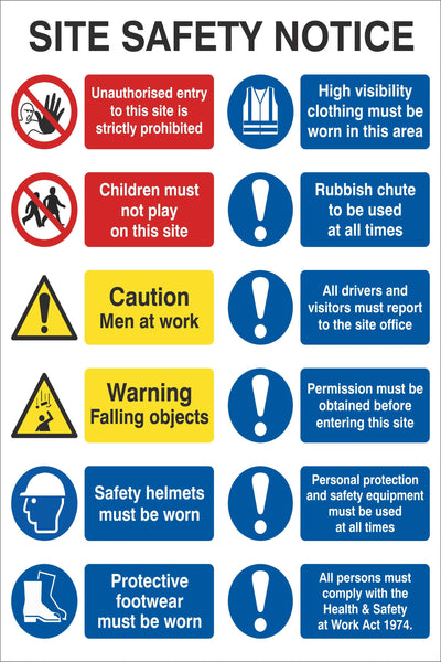 Site Safety Notice Sign, Self Adhesive Vinyl, 1mm PVC, 5mm Correx Board