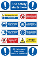 Site Safety Starts Here Sign, Self Adhesive Vinyl, 1mm PVC, 5mm Correx Board
