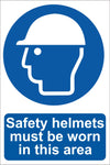 Safety helmet must be worn in this area Sign, Self Adhesive Vinyl, 1mm PVC, 5mm Correx Board