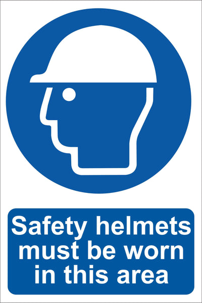 Safety helmet must be worn in this area Sign, Self Adhesive Vinyl, 1mm PVC, 5mm Correx Board