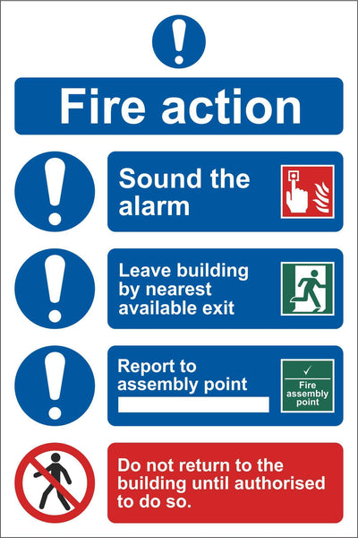 Fire action sign 2 Sign, Self Adhesive Vinyl, 1mm PVC, 5mm Correx Board