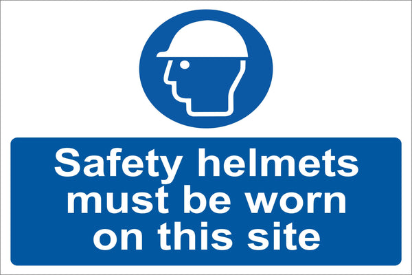 Safety helmets must be worn on this site Sign, Self Adhesive Vinyl, 1mm PVC, 5mm Correx Board