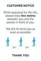 Covid-19 Coronavirus Customers 2m Sign, Self Adhesive Vinyl, 1mm PVC, 5mm Correx Board