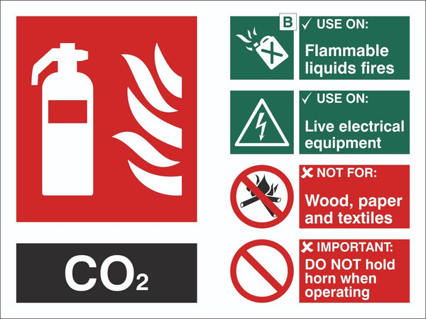 Fire Extinguisher C02 Sign, Self Adhesive Vinyl, 1mm PVC, 5mm Correx Board