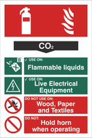 Fire Extinguisher C02 Sign, Self Adhesive Vinyl, 1mm PVC, 5mm Correx Board