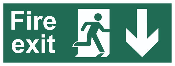 Fire Exit Running Man Arrow Down Sign, Self Adhesive Vinyl, 5mm Correx Board