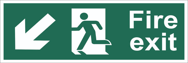 Fire Exit Running Man Arrow Bottom Left Corner Sign, Self Adhesive Vinyl