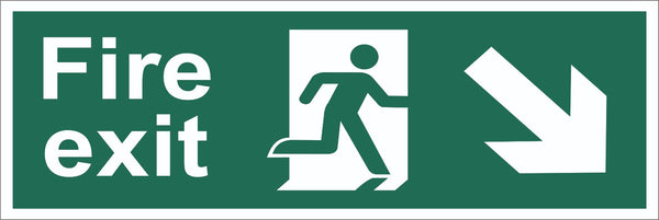 Fire Exit Running Man Arrow Bottom Right Corner Sign, Self Adhesive Vinyl