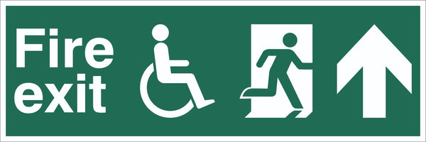 Fire Exit Wheelchair Running Man Arrow Up Sign, Self Adhesive Vinyl, 1mm PVC,