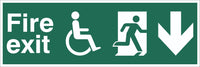 Fire Exit Wheelchair Running Man Arrow Down Sign, Self Adhesive Vinyl, 1mm PVC,