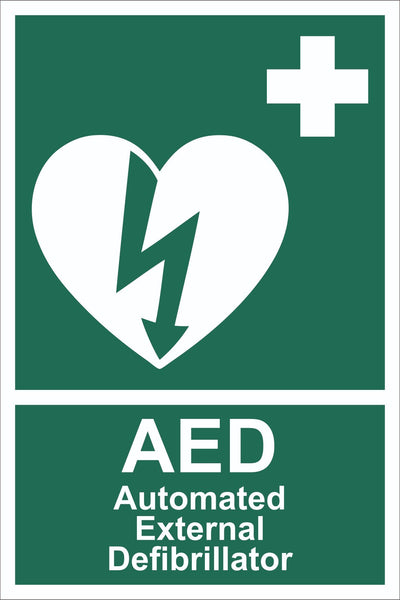 First Aid AED Automated External Defibrillator Sign, Self Adhesive Vinyl,