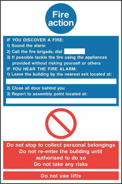 Fire Action Sign, Self Adhesive Vinyl, 1mm PVC, 5mm Correx Board