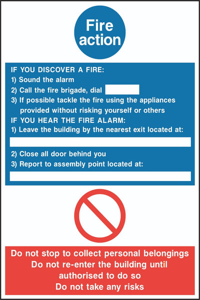 Fire Action Sign, Self Adhesive Vinyl, 1mm PVC, 5mm Correx Board