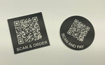 Engraved QR TABLE DISCS, BLACK with WHITE TEXT, Multiple Sizes and Options