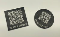 Engraved QR TABLE DISCS, BLACK with WHITE TEXT, Multiple Sizes and Options