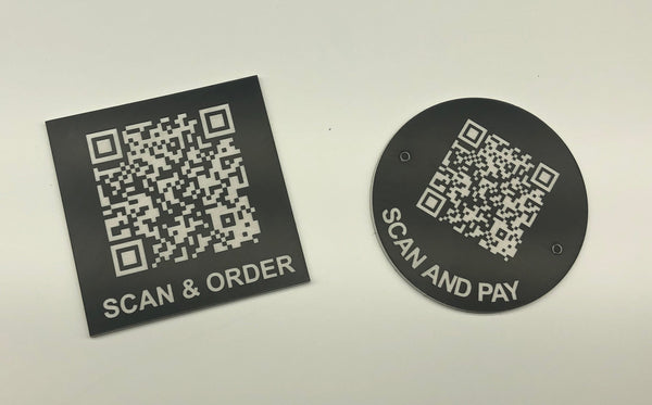 Engraved QR TABLE DISCS, BLACK with WHITE TEXT, Multiple Sizes and Options
