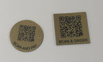 Engraved QR TABLE DISCS, BRASS EFFECT with BLACK TEXT, Multiple Sizes and Options