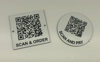 Engraved QR TABLE DISCS, WHITE with BLACK TEXT, Multiple Sizes and Options