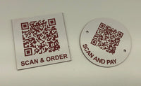 Engraved QR TABLE DISCS, WHITE with RED TEXT, Multiple Sizes and Options