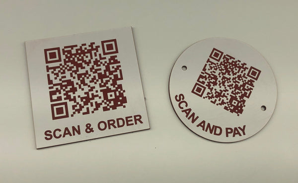 Engraved QR TABLE DISCS, WHITE with RED TEXT, Multiple Sizes and Options